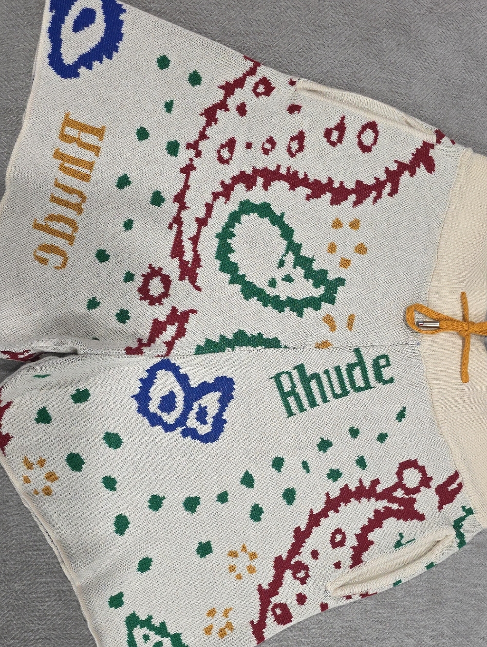Rhude Cream Knit Boxer Shorts with Multicolor Paisley Motifs